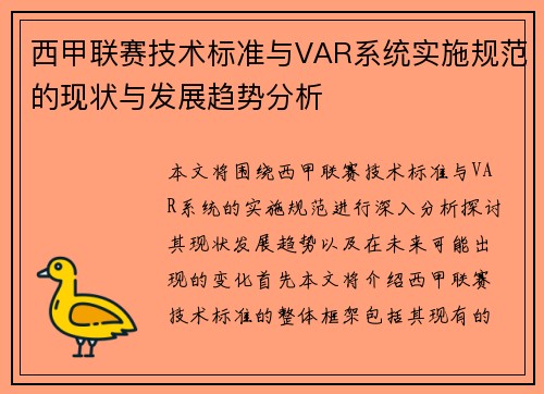 西甲联赛技术标准与VAR系统实施规范的现状与发展趋势分析